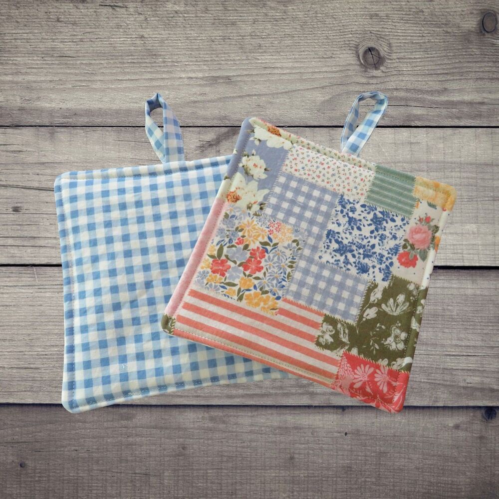 Handmade Potholder, Set of 2, Reversible Boho Patchwork and Blue Gingham Hot Pad